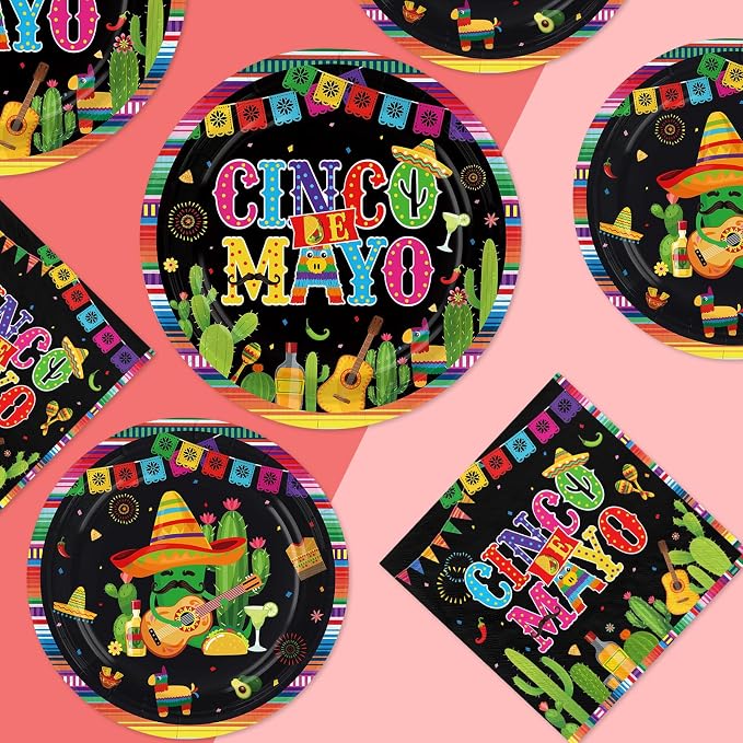250Pcs Cinco De Mayo Decorations Mexican Fiesta Plates and Napkins Black Mexico - Image 2