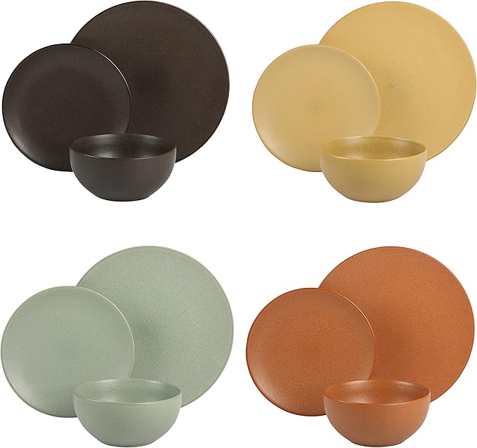Gibson Elite Capetown Assorted Color Reactive Glaze Round Stoneware Dinnerware, Black, Yellow, Orange, Green, Service for Four (12pcs)