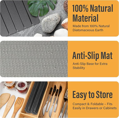Large Foldable Stone Dish Drying Mat – Diatomaceous Earth, 2 Pack (12"x16" Each) or 24"x16" Combined – Fast Dry, Anti-Slip Pad, Sanding Tool & Instruction Manual for Kitchen and Bathroom, Dark Gray