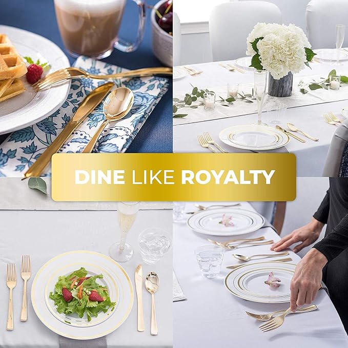 125-Piece White and Gold Fancy Plastic Plates Disposable - Image 2