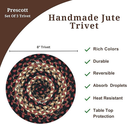 Homespice Prescott Jute Braided Trivets for Table - Set of 3, Round 8", Black & Red - Rich Colors, Easy to Clean, Durable and Protects Furniture