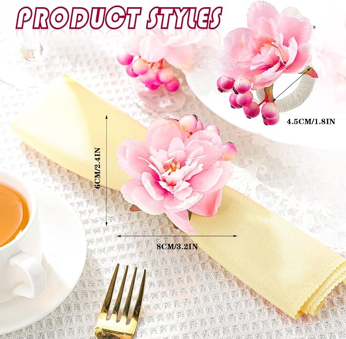 Chengu 12 Pcs Pink Floral Napkin Rings Summer Handcraft Flower Napkin Rings - Image 2
