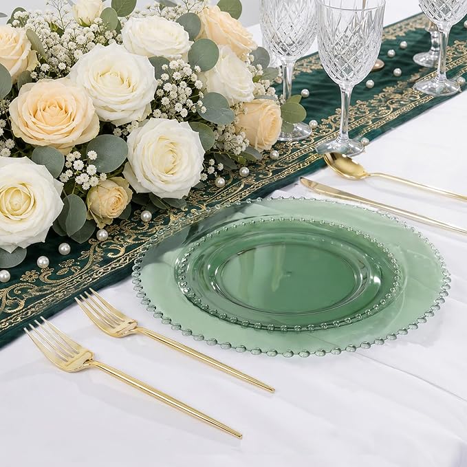 U-QE 60PCS Clear Green Plastic Plates, Beaded Plates Disposable Heavy Duty | - Image 9