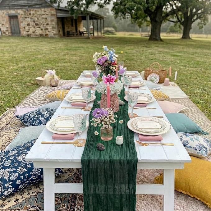10 Pack Emerald Green Cheesecloth Table Runner 17 x 108 Inch | Boho Gauze Fabric - Image 7