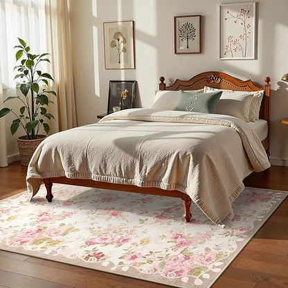 Lahome Floral Washable Rugs 5x7,Rugs for Living Room Boho Area Rug,Vintage Rugs for Bedroom Girls Non Slip Low Pile Ultra-Thin Large Carpet for Farmhouse,Dining Room,Kids Playroom Dorm (5'X7',Beige)
