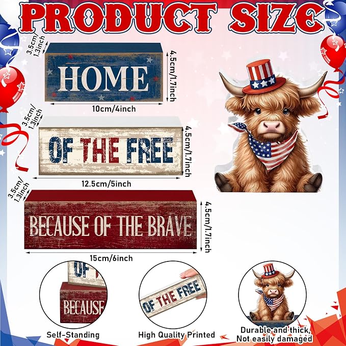 Moucuny 4 Pcs 4th of July Decorations Patriotic Highland Cow Wooden Block Sign - Image 3