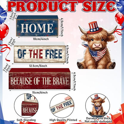Moucuny 4 Pcs 4th of July Decorations Patriotic Highland Cow Wooden Block Sign - Image 3