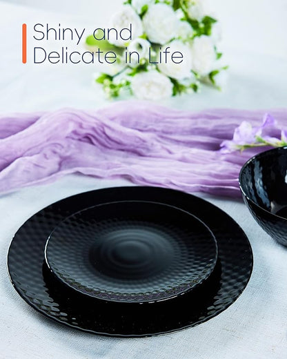 10.5 inch Dinner Plate Set of 6, Round Opal Glass Black Geometric Faceted Dinnerware Plates, Dishwasher and Microwave Safe