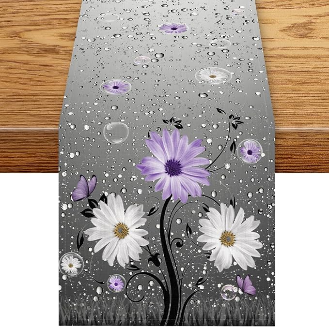Farmhouse Purple Floral Table Runner, Rustic Spring Floral Flower Wooden Boards by Unknown