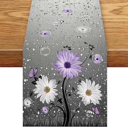 Farmhouse Purple Floral Table Runner, Rustic Spring Floral Flower Wooden Boards by Unknown