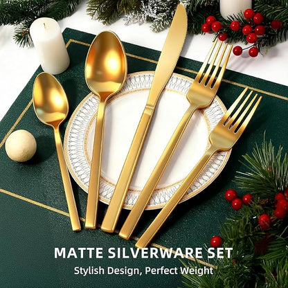 20pcs Matte Gold Cuboid Silverware, Stainless Steel Flatware Set, Service for 4, Forged Cutlery Set, Dishwasher Safe