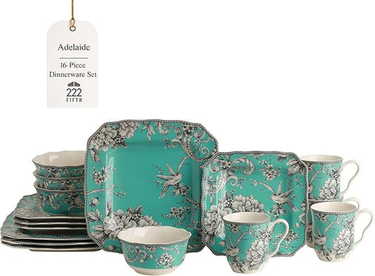 222 Fifth Adelaide 16-Piece Square Floral Dinnerware Set – Service for 4, Turquoise Porcelain Plate, Bowl & Mug Set, Chip Resistant, for Everyday Dining & Entertainment, Microwave & Dishwasher Safe