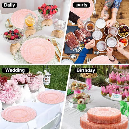 U-QE 60PCS Pink Plates for Party - Pink Valentines Plates Disposable Heavy Duty - Clear Pink Plastic Plates for Valentine's Day Including 30 Plastic Dinner Plates 10" & 30 Plastic Dessert Plates 7"