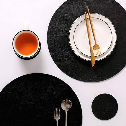 Embossed PU Leather Placemats, Waterproof Coffee Coasters, Kitchen Table Mats, Easy to Wipe Off for Dining Round Table