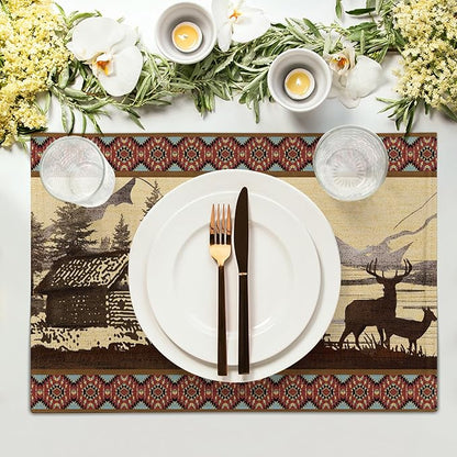 Vintage Bear Moose Placemats Set of 4 Rustic Farmhouse Wild Animal Heat Resistant Table Mat 12x18 Inch Country Cabin Forest Kitchen Mats for Party Dining Table