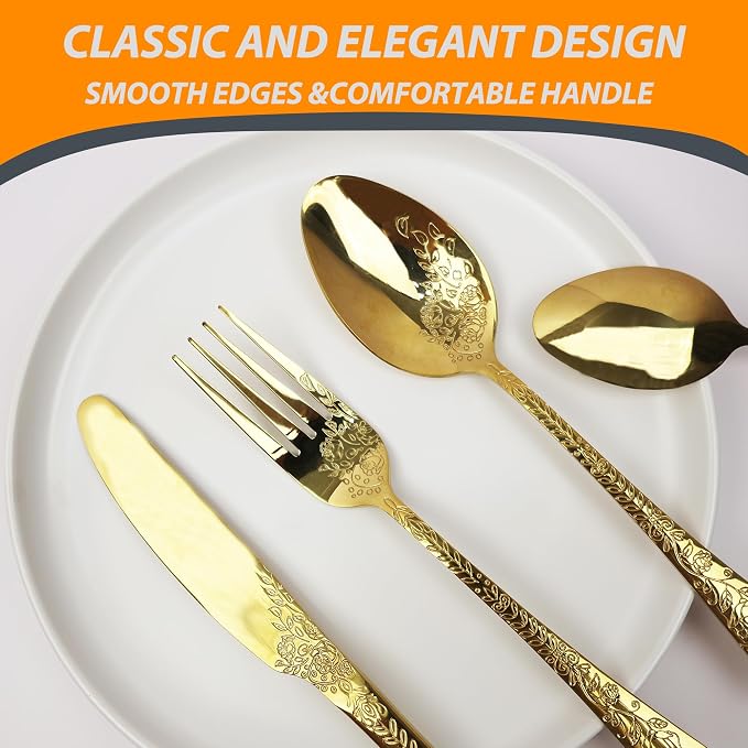 Runfly Modern Carved Floral Gold Stainless Steel 20-Piece Flatware Set | - Image 3