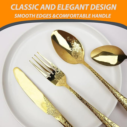 Runfly Modern Carved Floral Gold Stainless Steel 20-Piece Flatware Set | - Image 3