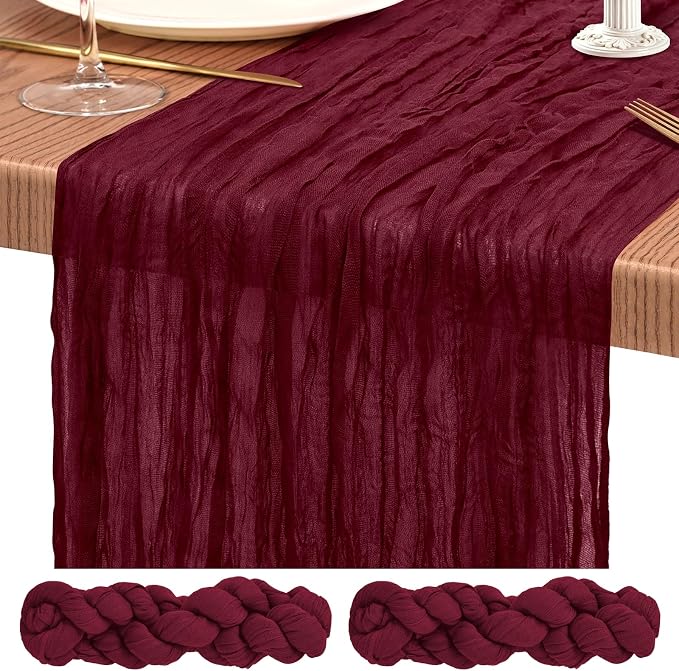 Showgeous 2 Pack Burgundy Cheesecloth Table Runners Boho Wedding Decor | Rustic by Showgeous