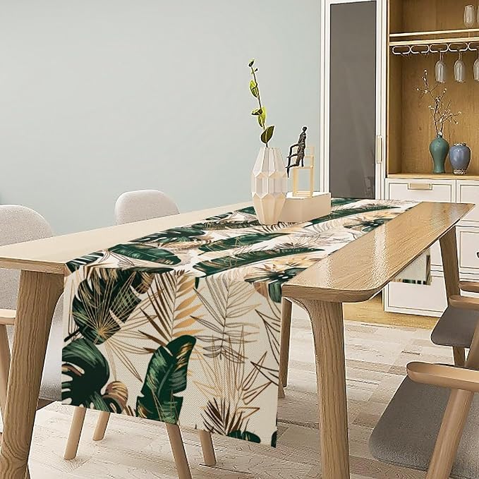 Gold Tropical Leaves Table Runner Jungle Green Plam Leaves Retro Boho Hawaii - Image 2