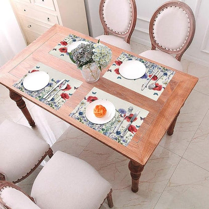 Independence Day Floral Placemats 12x18 Inches Set of 4, 4th of July Blue Red Flower Placemats Summer Decorative Rectangle Modern Table Mats for Party Home Kitchen Dining Table Decoration