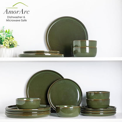AmorArc Stoneware Dinnerware Sets for 4,Round Reactive Glaze Ceramic Plates and Bowls Set,Highly Scrath Resistant | Dishwasher & Microwave Safe Dishes Set,Service for 4 (12pc)