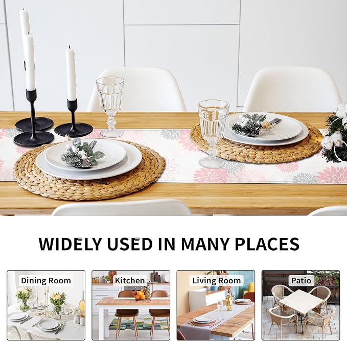 Dahlia Flower Table Runner 13x36 Inch Farmhouse Pink Gray Runners Modern Table - Image 7