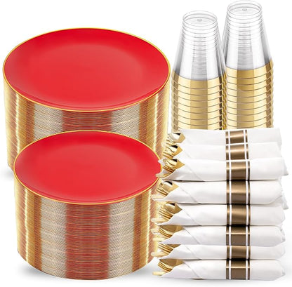 KIRE 350 PCS Red and Gold Plastic Plates by KIRE
