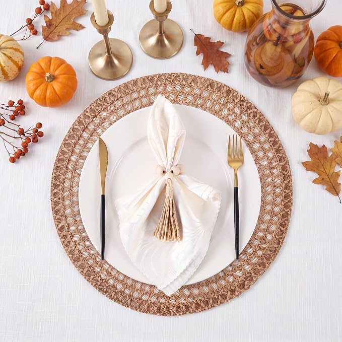 12 Pcs 15'' Burlap Boho Woven Placemat Wood Bead Napkin Rings - Image 3