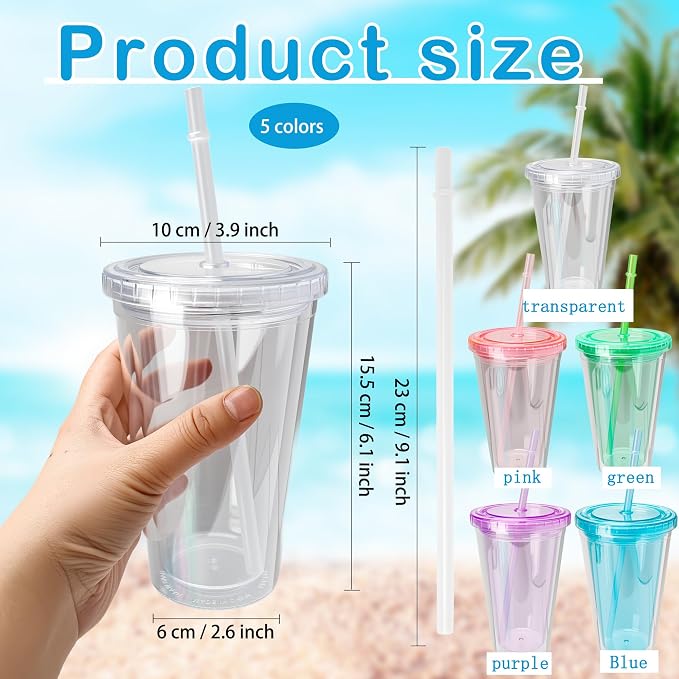 9 Set 16 oz Insulated Plastic Tumbler Double Wall Plastic Cup - Image 2