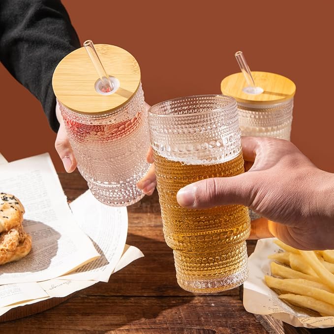 Drinking Glasses with Bamboo Lids and Glass Straw 8pcs Set, 16oz Glass Tumbler - Image 4