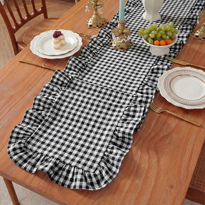HunnmingRe 1 Pc Gingham Table Runner White and Black, 118 X 13.8 Inch | Cotton - Image 4