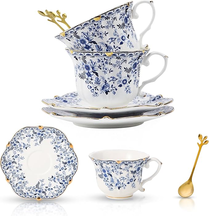 Country Roses Porcelain Tea Cup and Saucer Set by Unknown