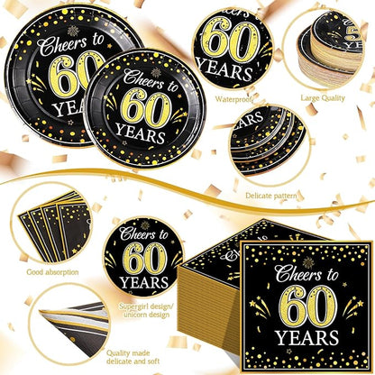 Pickmesh 250 Pcs 60th Birthday Disposable Tableware Set Black and Gold Cheers to 60 Years Disposable Paper Plates Napkins and Cups for 60th Birthday Wedding Anniversary Party Supplies Decorations