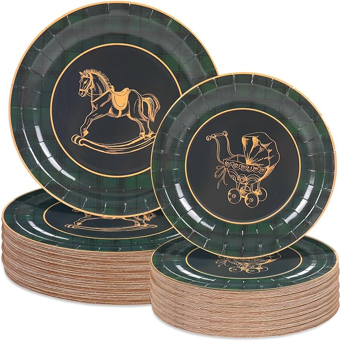 Whaline 48Pcs Baby Shower Paper Plates, Tartan Plaid, Rocking Horse, Gender by Whaline