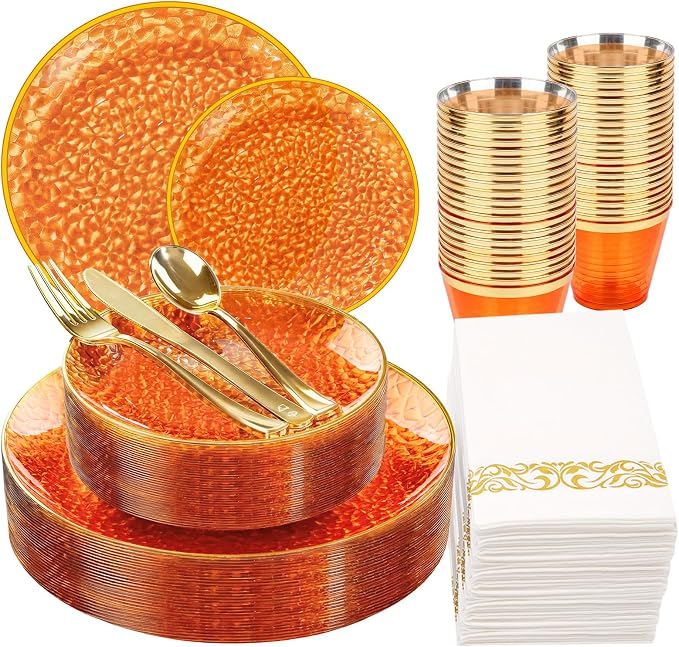 Rubtlamp 175 Pcs Plastic Dinnerware Set, Hammered Party Plates Set Include by Rubtlamp