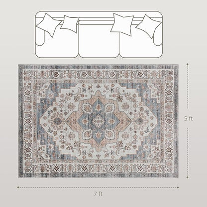 HOMCOM Washable Area Rug, 5'x7' Vintage Indoor Distressed Carpet, Retro Floor Cover Foldable, Floral Print Mat for Living Room, Bedroom, Dining Room, Brown and Light Blue