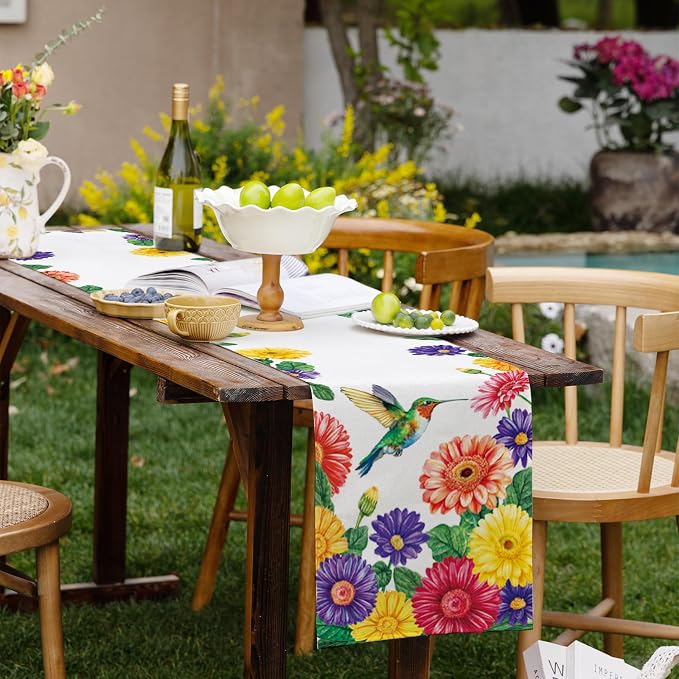 Summer Hummingbird Table Runner Spring Daisy Floral Burlap Table Runners - Image 7