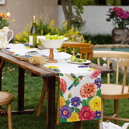 Summer Hummingbird Table Runner Spring Daisy Floral Burlap Table Runners - Image 7