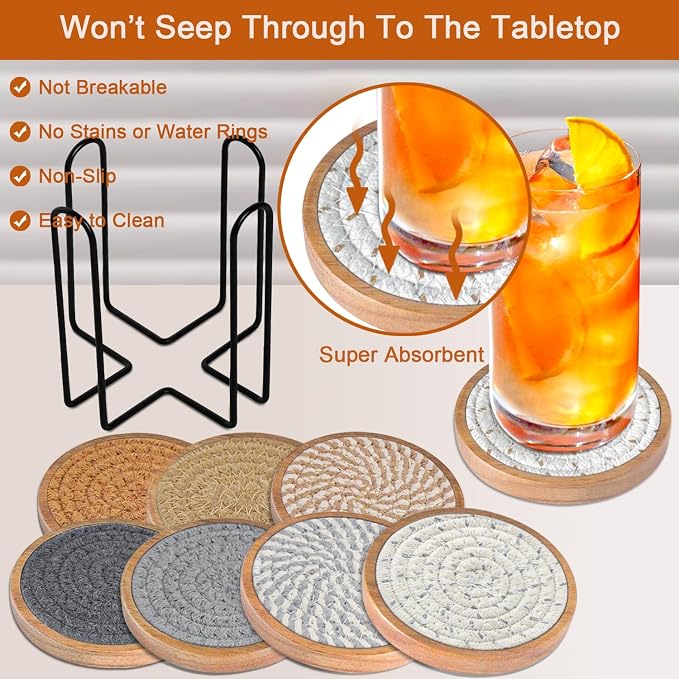 Eykao Coasters for Drinks Absorbent Sets of 8, Woven Coasters - Image 2