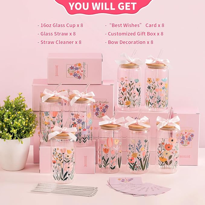 8 Set Floral Glass Cups with Lids and Straws, 16oz Flower Coffee Cup | Gifts - Image 5