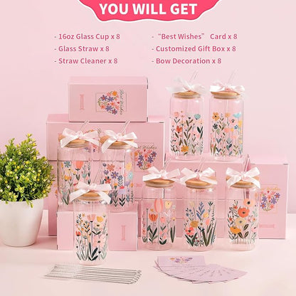 8 Set Floral Glass Cups with Lids and Straws, 16oz Flower Coffee Cup | Gifts - Image 5