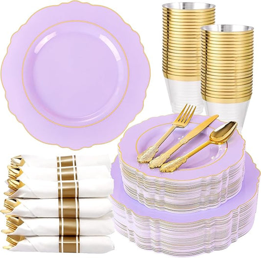 Liacere 350PCS Purple Plastic Plates - Disposable Lavender Plates 50guest Plastic Dinnerware include 100Light purple Plates,50Pack Pre Rolled Napkins Silverware 50Cups for Valentine’s Day＆Easter Day
