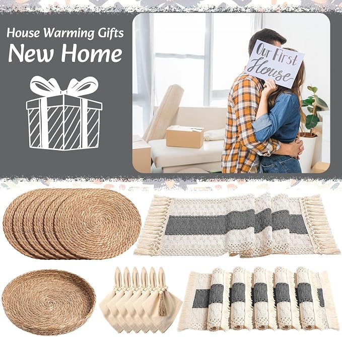 6 Sets Boho Decoration Placemats Round Woven Placemats, Cloth Napkins, Wood - Image 7