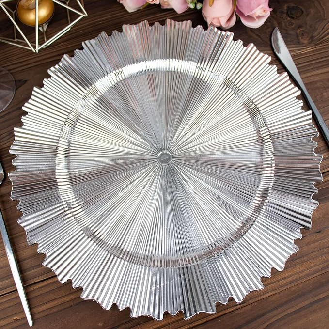 Efavormart 6 Pack | 13" Metallic Silver Sunray Acrylic Plastic Serving Plates - Image 5