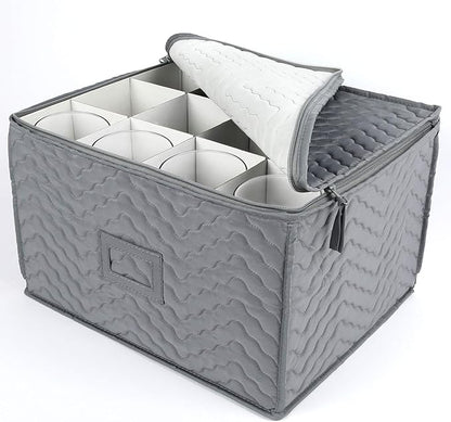 LotFancy Stemware Storage Container - Deluxe Quilted Storage Case with Dividers for 12 - Wine Glasses, Champagne Flutes, Glassware, Drinkware Storage Box Chest, 15.5"x12.5"x 10", Gray