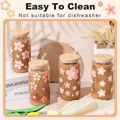 Mumufy 4 Pack Wildflower Glass Cups Gift Aesthetic Cute Glass Cup Tumbler - Image 4