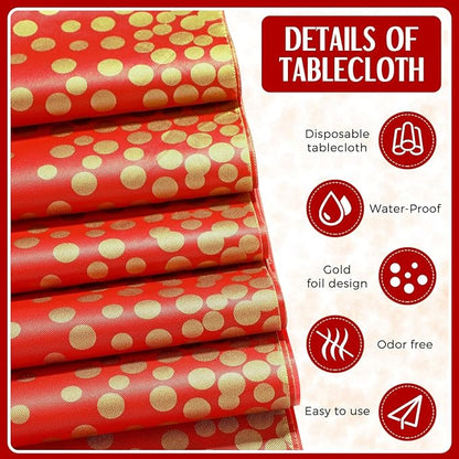 Breling 24 Pack Red and Gold Disposable Plastic Tablecloths and Satin Table Runner Set, 54 x 108 Inch Tablecloth, 12 x 108 Inch Table Runners for Wedding Graduation Birthday Baby Shower New Year