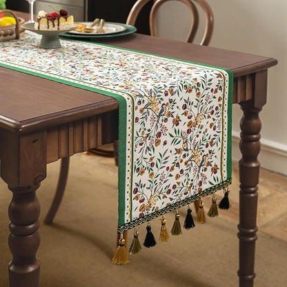 Floral Table Runner with Tassel Edges, Cotton Blend Decorative Runner - Image 3