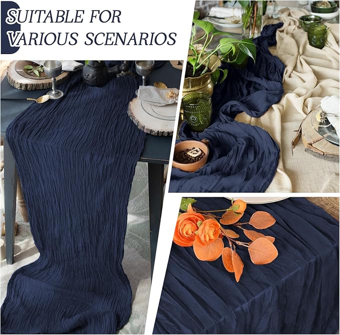3 Pack Navy Blue Cheesecloth Table Runner 17x108 Inch Semi Sheer Boho Gauze - Image 3