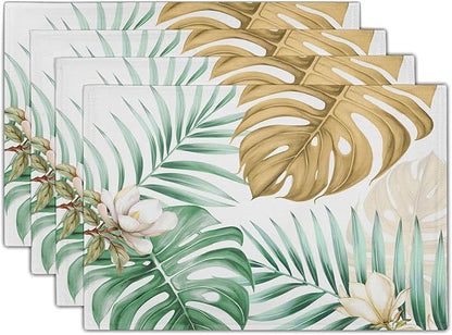 Giwawa 4PCs Tropical Palm Leaf Placemats Summer Green Brown Banana Leaves Decorative Linen Table Mat 12"x18" Hawaiian Monstera Flowers Heat Resistant Washable Place Mats for Kitchen Dining